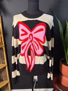 Black & Cream Striped Crewneck Sweater with Pink Bow Graphic